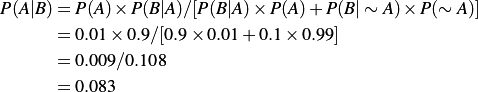 P(A|B) &= P(A) \times P(B|A) / [P(B|A) \times P(A) + P(B|\sim A) \times P(\sim A)] \\
       &= 0.01 \times 0.9 / [0.9 \times 0.01 + 0.1 \times 0.99] \\
       &= 0.009 / 0.108 \\
       &= 0.083