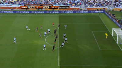Sideline view of soccer players (potentially) being offside. Three of them are, but is the fourth?